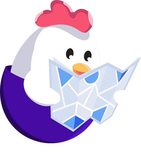 quill the chicken looking at a map